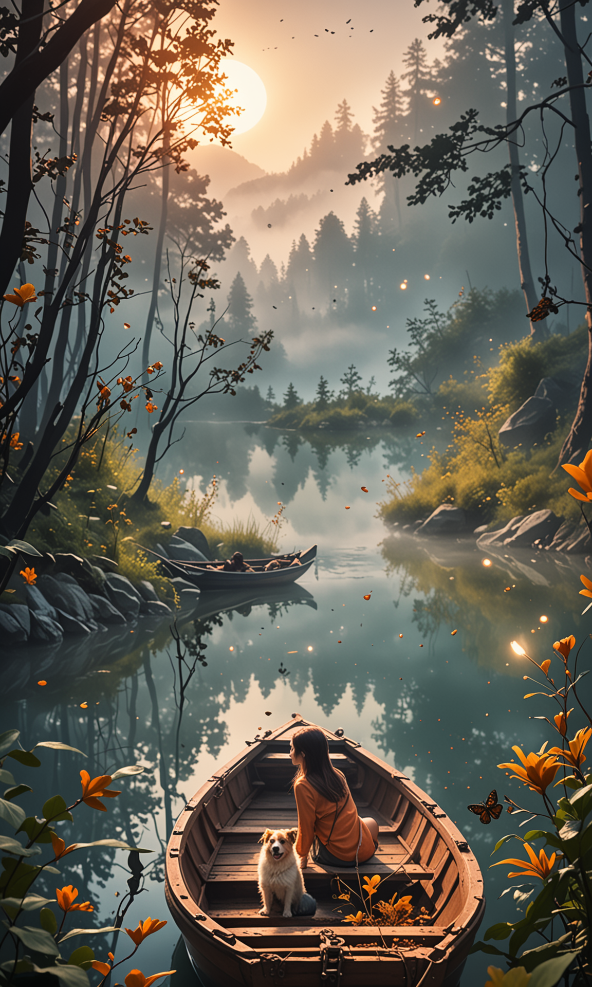 from the cave you can see a smooth lake, a girl and a dog are sitting in a boat, there is fog on the shore, a dark forest, mountains are illuminated by dawn in a haze