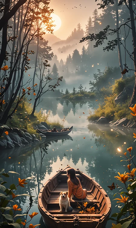 from the cave you can see a smooth lake, a girl and a dog are sitting in a boat, there is fog on the shore, a dark forest, mountains are illuminated by dawn in a haze