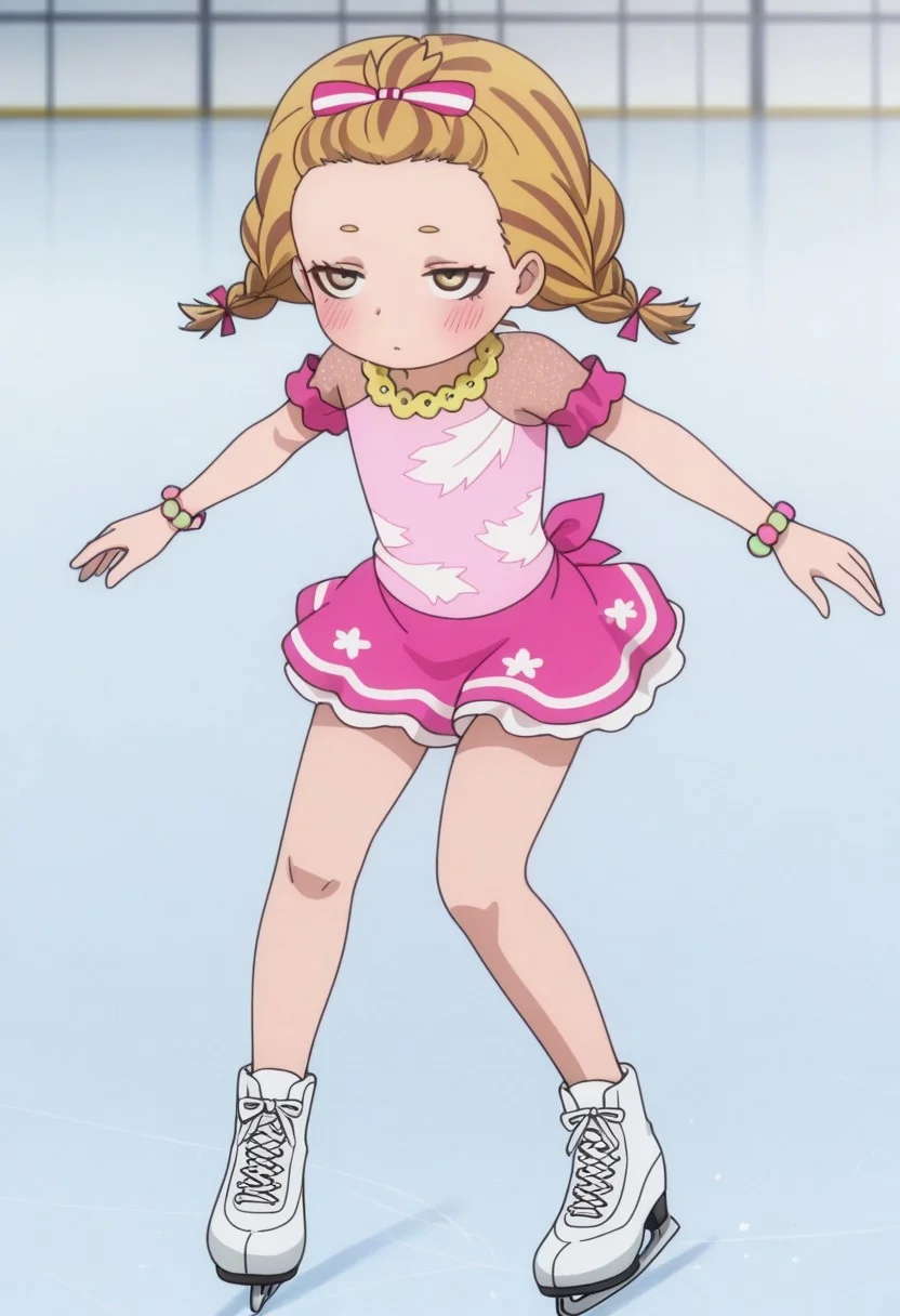 Masterpiece , best quality , amazing quality , anime screencap ,a girl , , kkana , , skirt , dress ,twin braids , ice skating , ice skater , blonde ,