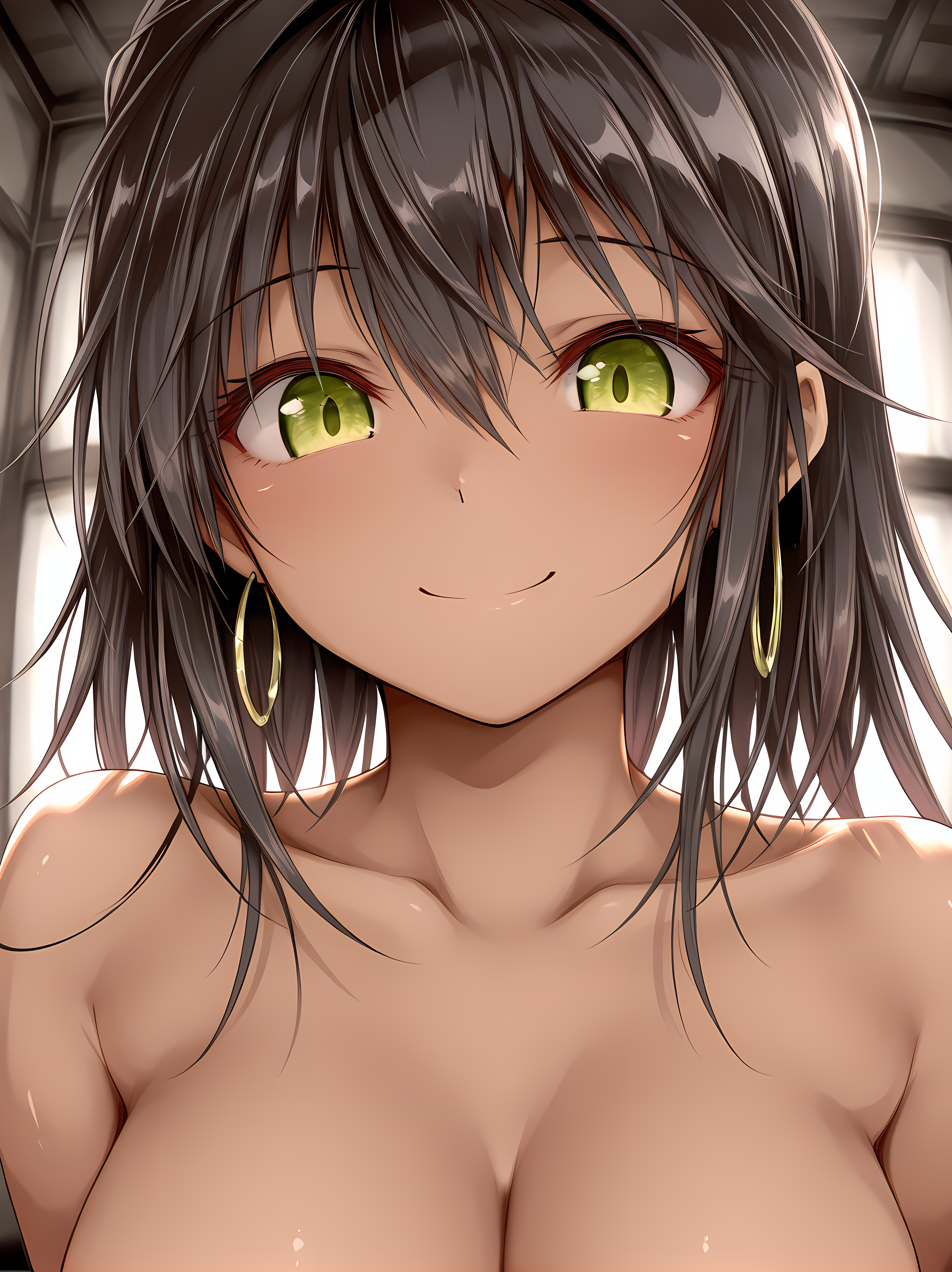1girl,solo,airi,73tunnel,<lora:Airi_Illustrious:0.8>,indoors,large breasts,collarbone,completely nude,portrait,eye focus,smile,close-up,, masterpiece, best quality, amazing quality, very aesthetic, absurd, newest, detailed eyes