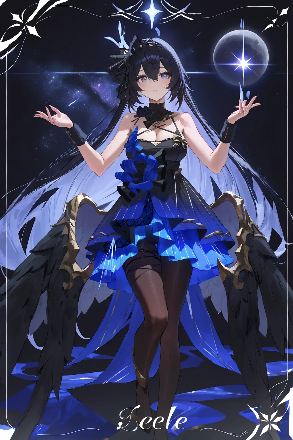 8k, masterpiece, best quality, amazing quality, very aesthetic, absurdres, (ultra-detailed), (high detailed skin), 
((artist:betabeet)), artist:john_kafka, artist:nixeu, artist:quasarcake, 
original, normal_quality, (by xilmo, by modare, by reoen:1.1), (hyperrealistic:1.1), (high_contrast:1.1), (holy_(\theme\):1.2), (card_\(theme\):1.1), solo, long hair, fur trim, large breasts, (black-color-scheme:1.1), character card, abstract sun, moon and stars, thick line, 
 <lora:xierssyy-noob-Tanger-000010:0.8>, , xier, yongye, second clothes, black sleeveless dress, black hair ornament, black low wings, 1girl, blue eyes,  long hair, black hair, black pantyhose, bare shoulders, seele vollerei, bangs,
<lora:neg101-000008:0.5>, murals, holy light, mural moon, simple black background, angels come, stars, card border, frame pattern,