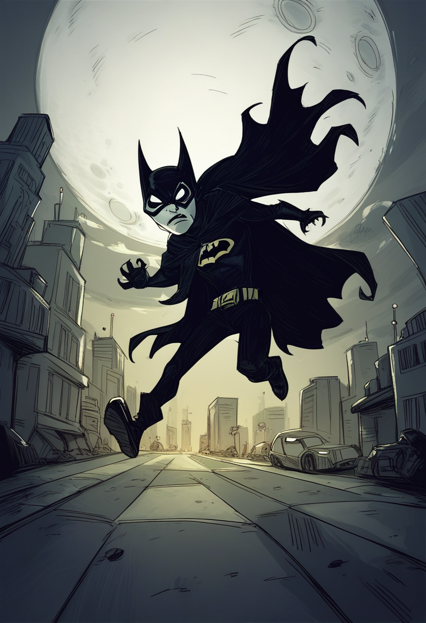 1boy, solo, batman, mask, black  cloak, dark night, fists,  city street, megalopolis, action pose, full moon, bats,    blank eyes, dontstarvestyle, <lora:dontstarvestyleV5:1>, score_9, score_8_up, score_7_up,