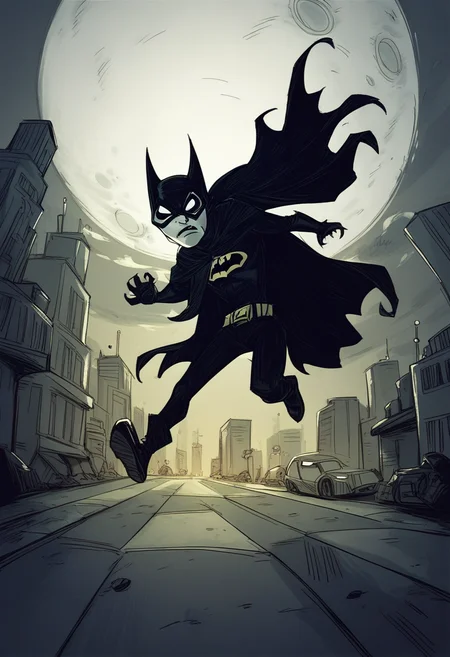 1boy, solo, batman, mask, black cloak, dark night, fists, city street, megalopolis, action pose, full moon, bats, blank eyes, dontstarvestyle, <lora:dontstarvestyleV5:1>, score_9, score_8_up, score_7_up,