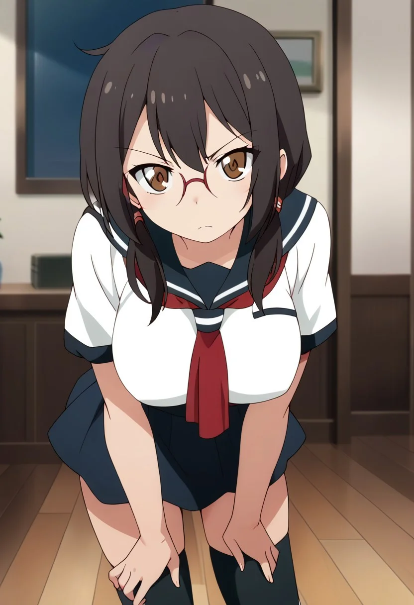 score_9, score_8_up, score_7_up, score_6_up, score_5_up, score_4_up, masterpiece, anime coloring, <lora:SKNL_Style_XL:0.7> sknl style,
BREAK source_anime, anime, best quality, masterpiece, rating_safe, uncensored, High quality, 8k, Ultra,
<lora:AfrobullPDXLresize:0.8> afrobullstyle,
BREAK 1girl, isone_kotoha, black hair, brown eyes, long hair, low twintails, glasses, school uniform, short sleeves, kneehighs, serafuku, shoes,
BREAK (cowboy shot), (leaning forward), (from front),
(large breasts:1,2),
BREAK (Inside the room, sky,daytime),