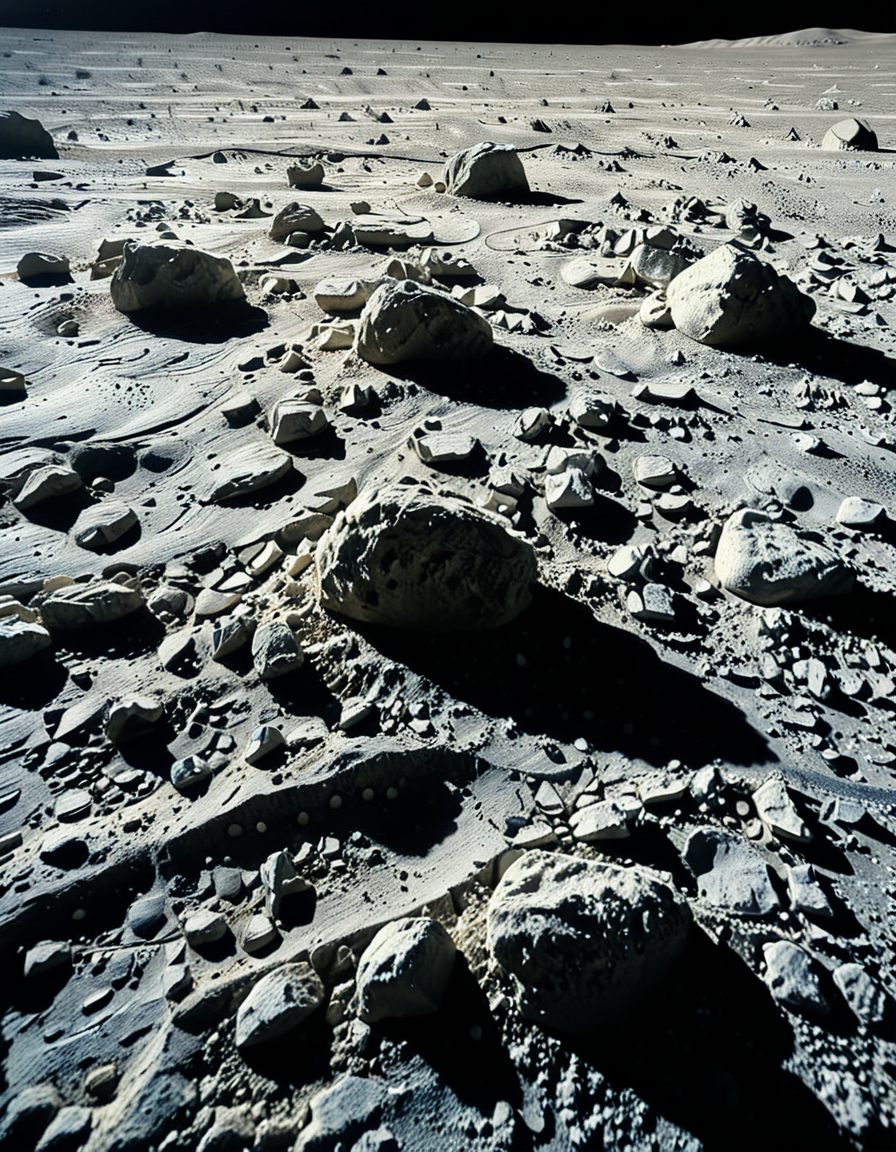A high-resolution photograph of the Moon's surface, showcasing its rocky, cratered terrain with fine lunar dust. The foreground is dominated by detailed lunar regolith, with small rocks and uneven textures illuminated by the harsh, direct sunlight. Shadows are sharp and deep due to the lack of atmosphere. In the background, Earth appears as a vibrant blue and white sphere, partially illuminated, contrasting against the blackness of space. The composition is balanced, with Earth positioned slightly off-center to create a sense of depth and scale. The lighting is natural, with the Sun casting a bright glow on the lunar surface while leaving some areas in darkness, emphasizing the stark and desolate beauty of the Moon.
<lora:SDXLFaeTastic2400:0.4> <lora:extremely_detailed:0.4> extremely detailed, <lora:moon_surf4c3_v2:1>,moon surf4c3, Masterpiece,best quality,hi res,8k,hi res,8k,award winning,(sharp focus, intricate, highly detailed),