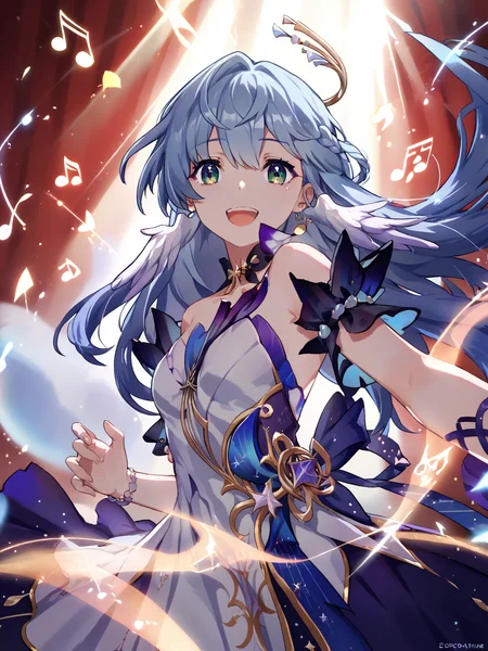 score_9, score_8_up, score_7_up, score_6_up, score_5_up, source_anime, source_anime,
<lora:Mika-Pikazo-Abstract-pony:0.8>, Abstract, detailed singing scene on stage with musical notes, god rays, detailed light, floating hair, cowboy shot,
<lora:robin.pony:1>, srrobin, head wings, looking at viewer, happy,