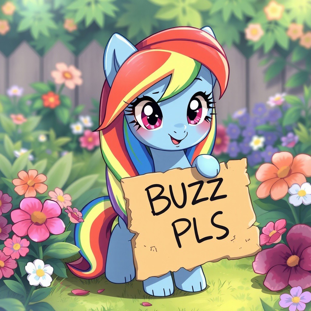 on the garden, extremely cute Rainbow Dash, innocent looking,  holding a torn cardboard with "BUZZ PLS" written, standing , in anime art style, kawaii, detailed, looking at viewer, detailed background