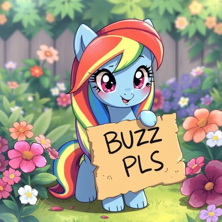 on the garden, extremely cute Rainbow Dash, innocent looking,  holding a torn cardboard with "BUZZ PLS" written, standing , in anime art style, kawaii, detailed, looking at viewer, detailed background
