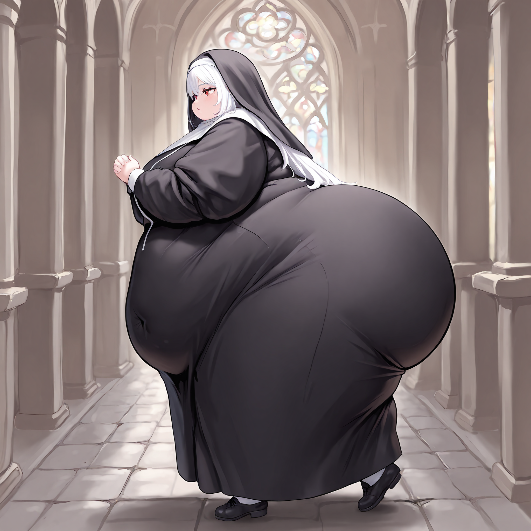(masterpiece), best quality, (highly detailed), 1female, solo, <lora:TheBreadGuardian_style_Illustrious:0.8>, nun, fat, obese, gigantic ass, temple, from side, walking, white hair, red eyes, black shoes, hands together, looking straight, robes,