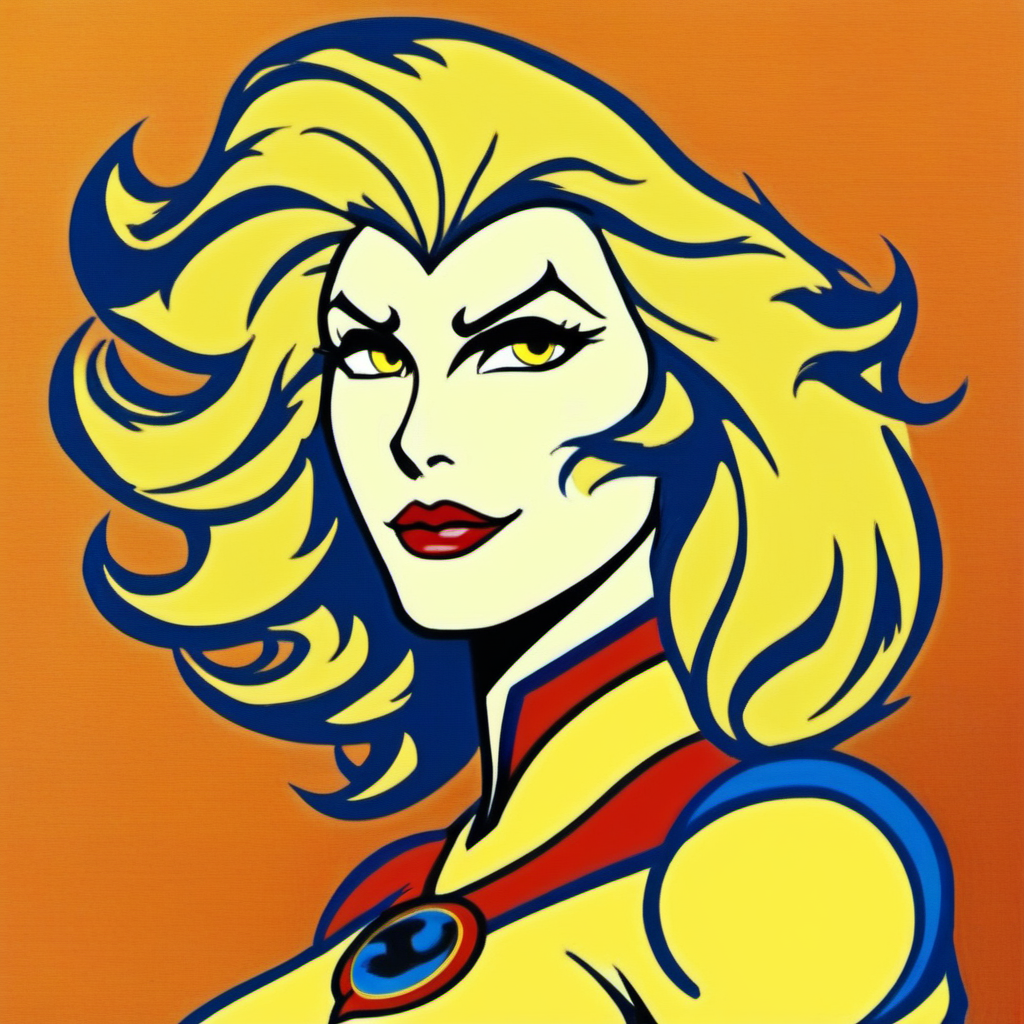 CheetaraQuiron character, solo, long hair, blonde hair,  yellow eyes,  parted lips, profile, makeup, blue background, parody, lipstick, style parody, facepaint,<lora:SDXL1.0_quiron_Cheetara_v4p_Lora:1>