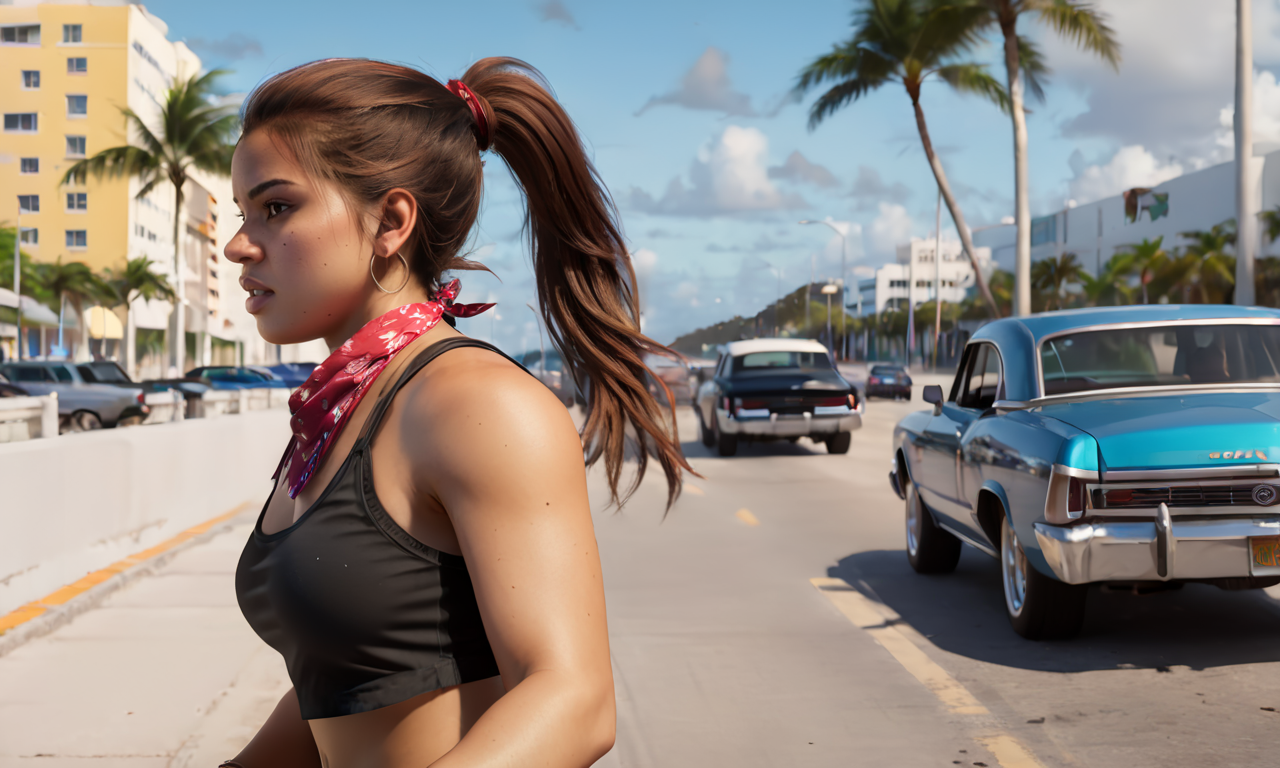 luciagta62024,1 angry woman walking away on busy Miami street, looking back, black tank top, jean shorts,  brown hair, ponytail, bandana around neck,  8k, uhd, best quality, trending on arstation, photorealistic, masterpiece, raw image, skin pores, detailed skin, 5 fingers, mole, Latina, Miami boardwalk, dramatic lighting, sneakers, cars, lowriders, palm trees, side view,looking at viewer, vibrant color, traffic, long ponytail,  <lora:luciagta6sdxl:1>, luciagta6sdxl