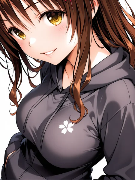 masterpiece,best quality,newest,
1girl,solo,general,big breasts,
<lora:y_mikan_ilxl_v1.8:1>,y_mikan,brown hair,long hair,yellow eyes,hair ornament,hair bobbles,long_sleeves,black,hoodie,<lora:Fixhands_anime_bdsqlsz_V1:1>,simple_background,white background,looking_at_viewer,cinematic_angle,upper_body,face_focus,from_side,hand_on_own_,:d,parted lips,light_blush,from_above,standing,