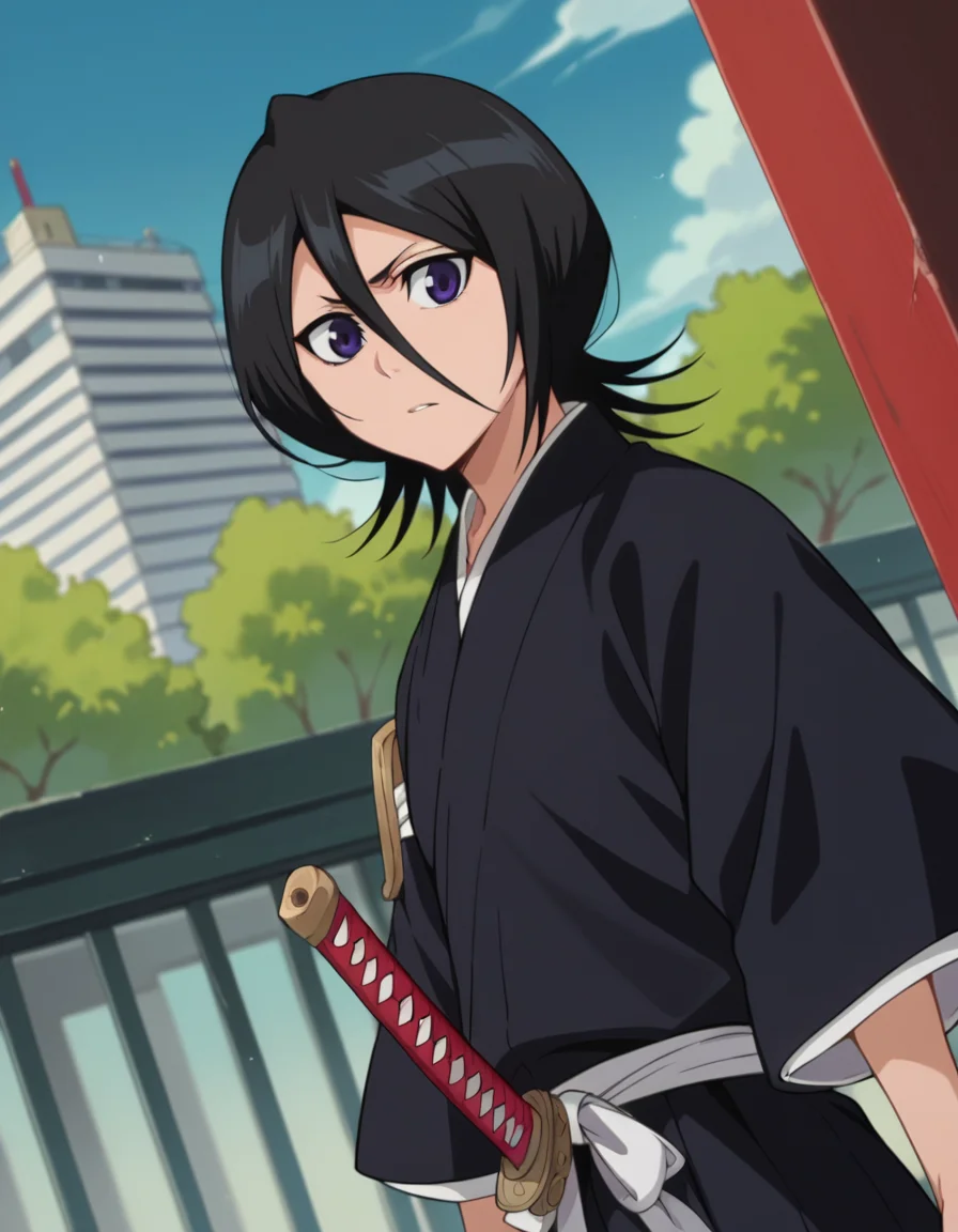 score_9, score_8_up, score_7_up, source_anime,
rukiakuchiki, <lora:rukia-kuchiki-ponyxl-lora-nochekaiser:1>,
rukia kuchiki, black hair, hair between eyes, purple eyes, short hair,
weapon, japanese clothes, sword, kimono, katana, sheath, hakama, black kimono, long sleeves, wide sleeves,
outdoors, cityscape,
looking at viewer, dutch angle, cowboy shot,