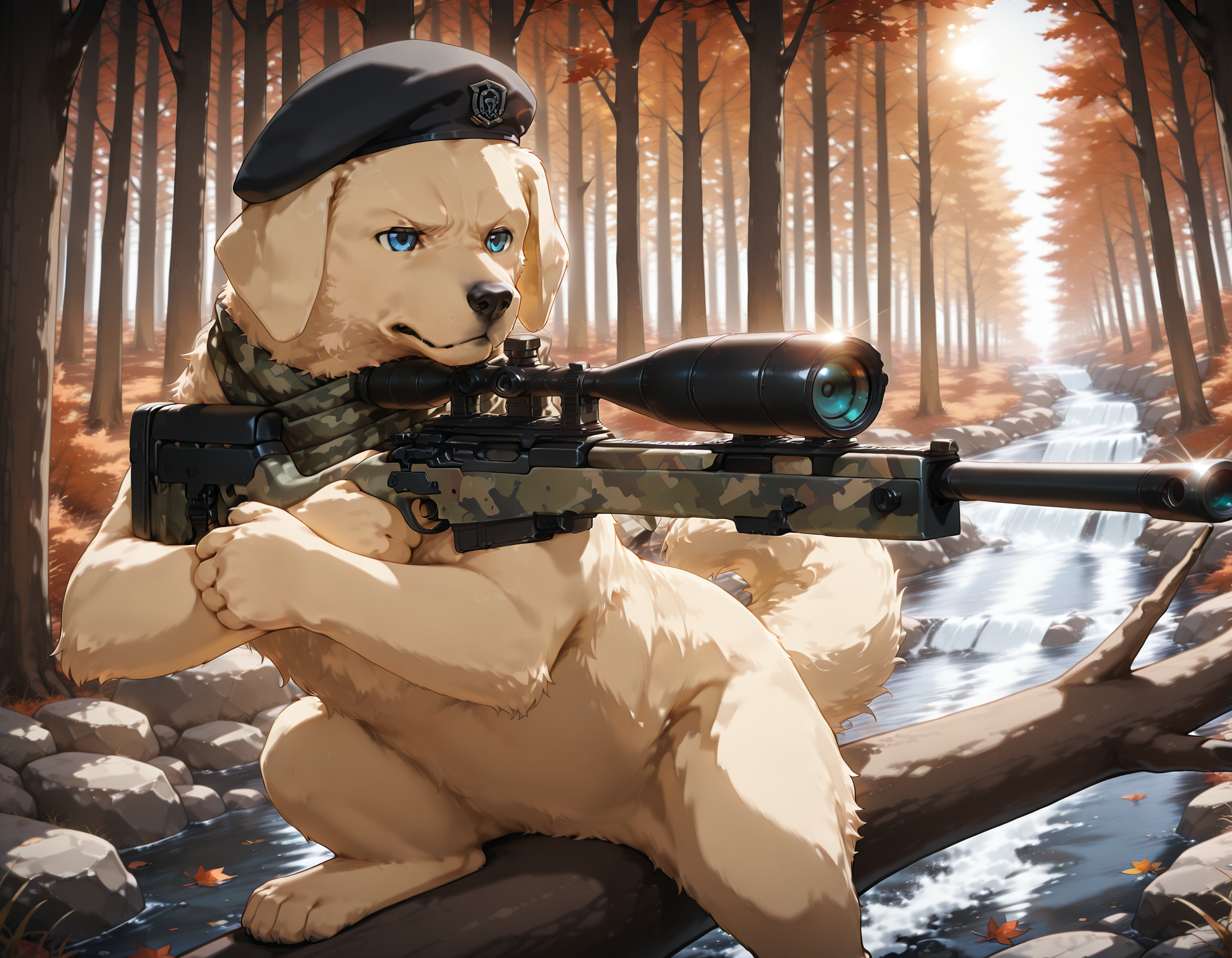 masterpiece, best quality, amazing quality, very aesthetic, absurdres,forest, stream,rocks, high up,on a branch,lense flare,chromatic aberration,wide shot, landscape
, 1other, golden retriever, serious, dark, v-shaped eyebrows,knife holster,detailed eyes,animal focus, no humans,camouflage scarf, fluffy fur,fluffy ears,black beret,paws
,5n1p3r_cr4dl3, sniper on arm, holding camouflage sniper,crossed arms, arm on top, sitting, wrist grab, cradle
, <lora:seated_sniper_cradle_ill_v3.5:1>