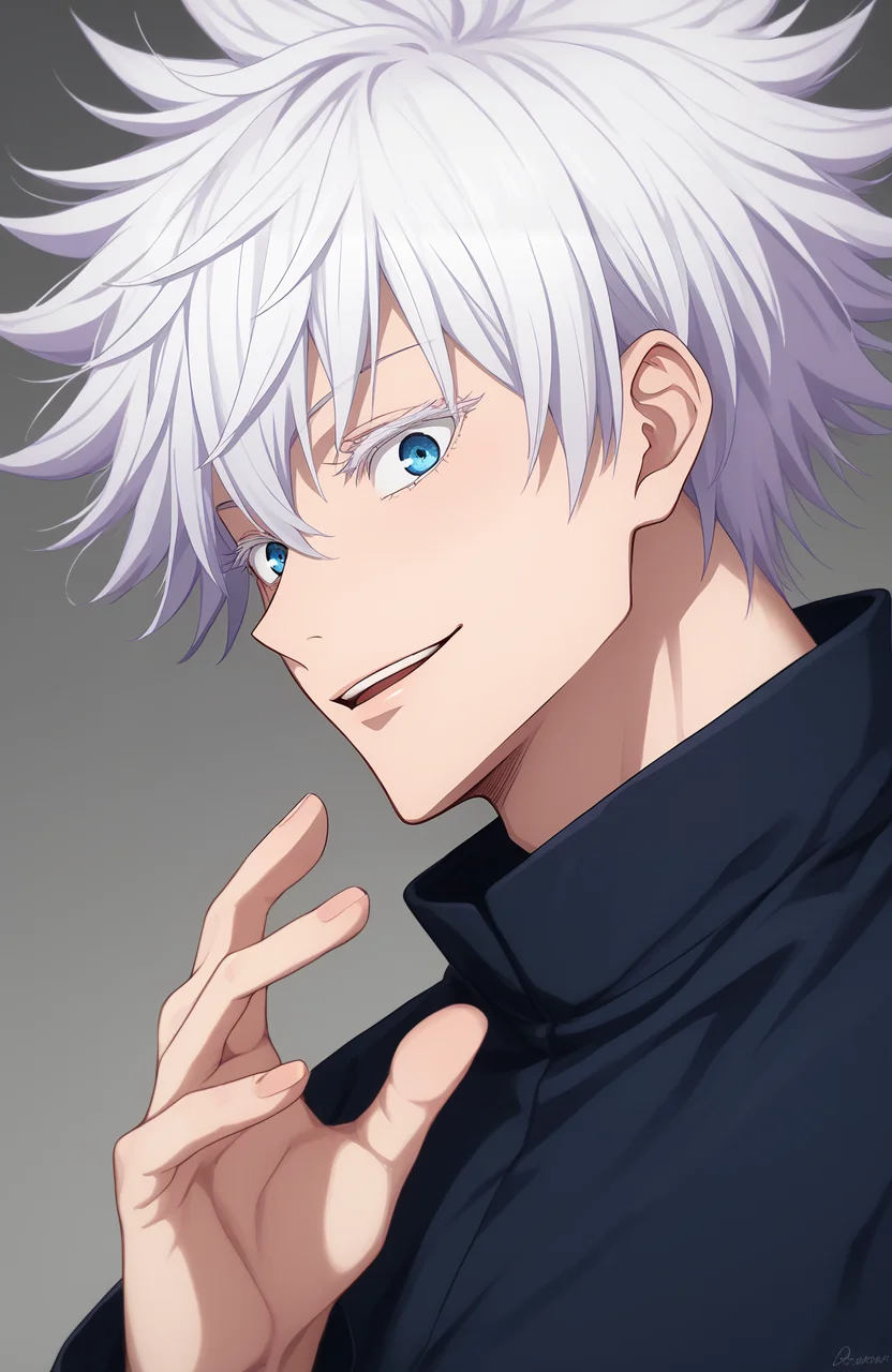 score_9, score_8_up, score_7_up, score_6_up, BREAK, source_anime, rating_explicit, masterpiece, best quality, detailed background 
 <lora:Gojou_Satoru_JUJUTSUKAISEN_Culty:0.8> short hair, 1boy, white hair,spiked hair,  gojou satoru, blue eyes, colored eyelashes, hair between eyes, black jacket,upper body, surprised, smile, looking at viewer, from side,