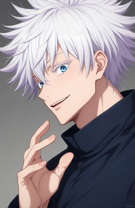 score_9, score_8_up, score_7_up, score_6_up, BREAK, source_anime, rating_explicit, masterpiece, best quality, detailed background 
 <lora:Gojou_Satoru_JUJUTSUKAISEN_Culty:0.8> short hair, 1boy, white hair,spiked hair,  gojou satoru, blue eyes, colored eyelashes, hair between eyes, black jacket,upper body, surprised, smile, looking at viewer, from side,