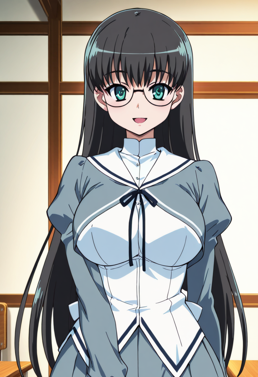 masterpiece, best quality,   1girl, solo, long hair, breasts, looking at viewer, smile, open mouth, blue eyes, large breasts, black hair, long sleeves, very long hair, school uniform, green eyes, glasses, indoors, classroom anime screenshot, ,    <lora:AkiSoraYumenoNaka_IXL:1.0>,  <lora:CitronKuroStyle_IXL:1.0>,