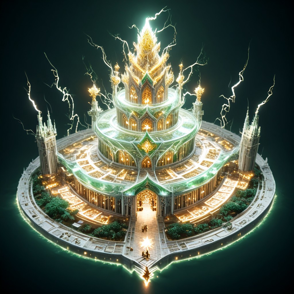 8k,hi res,(surreal,score_9, score_8_up, score_7_up, score_6_up),realistic analog photo, award winning photo,magnificent, celestial, ethereal, painterly, epic, majestic, magical, fantasy art ,((glowing runes:1.5),((view of the tower from above:1.7)),((The Elven style:1.7)),((Chinese style:1.7)),(elegant, beautiful,delicate and monumental style:1.7),((The emphasis on the tower:1.7)),(The great forest grew up in bonsai style:1.7),((a tall building:1.5)),((a tall elven tower with balconies and open work windows, arches,openwork golden lattice :1.4)),(against the background of fabulous nature:1.5),((fabulous nature:1.5)),((Elven tower, stands against the backdrop of mountains:1.5)),((Lightning is dancing around the a tall tower:1.5)),(((a tall green transparent jade  fairy-tale elven with a golden ornament tower:1.5))),((where magical runes seem to be perfectly intertwined with the  the tower:1.5))), where the natural elements are rampant (((the power of the storm, the power of lightning, the power of fire))), where natural elements run amok (((the power of the storm:1.3))),(((the power of lightning:1.3))),(((the power of fire:1.3))) ((beautiful ancient fairy garden of emerald jade runestones:1.5)),(realistic detailed background),<lora:Tangbohu Detail Tweaker:-0.1>,<lora:Elven-Architecture_ponyXL_LOREVER:1>,<lora:Tempest_Magic_-_XL_Grimoire:1>, tempestmagic,<<lora:Awfully_Stylish_v15.2:1>,<lora:extremely_detailed:1.2>,<lora:glowneon_xl_v1:0.75>