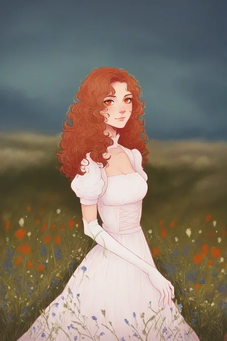 score_9, score_8_up, score_7_up, rating_safe, 1girl, solo, long hair, curly hair, wavy hair, orange hair, orange eyes, looking at viewer, breasts, dress, white dress, puffy sleeves, puffy short sleeves, short sleeves, gloves, elbow gloves, white gloves, cowboy shot, closed mouth, standing, outdoors, field, flower, grass, plant, sky, <lora:dappermouth:1.5>âââ