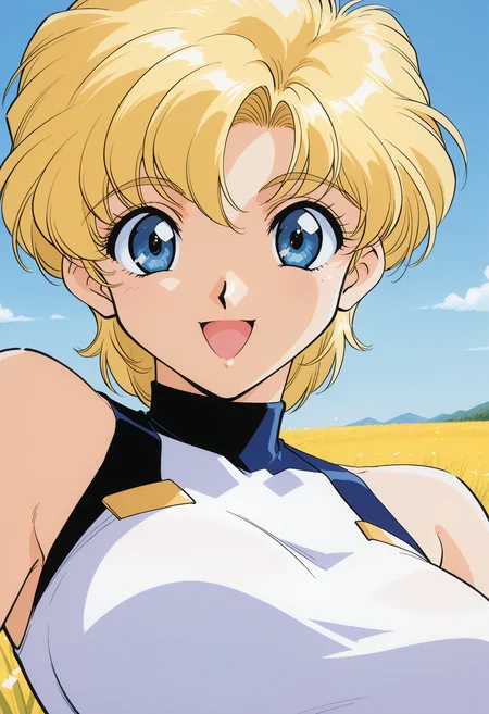 cathy_wild, blue eyes, blonde hair, short hair, white leotard, crop top, <lora:asuka120_cathy_wild_illustrious_ver1:0.8>
smile,, masterpiece, best quality, general,, 1girl, solo, (field:1.2), (blue sky:1.2), looking at viewer,, (upper body:1.2), (close-up:1.2), (facing viewer:1.2), (open eyes:1.4), (portrait:1.2)