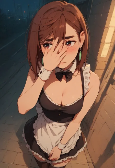 Expressiveh, score_9, score_8_up, score_7_up, score_6_up, score_5_up, score_4_up, godrays, city street, night, KJOmomo, brown hair, dark eyes, medium hair, hair between eyes, thick eyebrows, earrings, medium breasts, maid apron, maid outfit, sleeveless, maid cuffs, cleavage, short skirt, from above, thigh highs, blush, arched back, solo, standing, sexy pose, looking away, embarrassed, hand covering face,