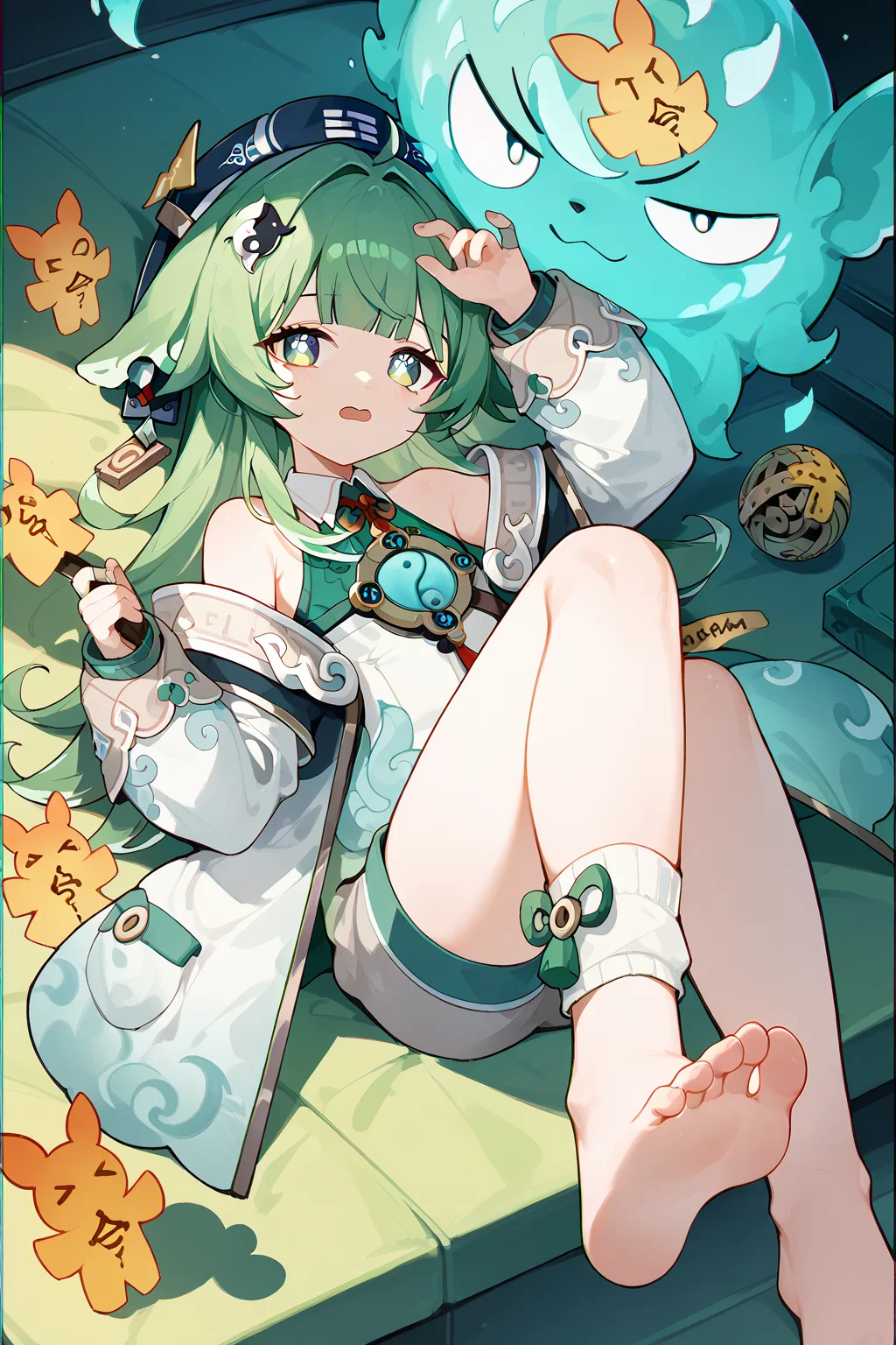 (score_9,score_8_up,score_7_up),<lora:HuoHuo(Honkai Star Rail)-v1-000008:1>,HuoHuo(Honkai: Star Rail),1girl,chromatic aberration,green eyes,barefoot,solo,green hair,long hair,animal ears,bangs,long sleeves,arm up,open mouth,jacket,off shoulder,feet,holding,box,looking at viewer,shorts,bare shoulders,white jacket,shirt,socks,toes,sleeveless,on back,open clothes,open jacket,full body,blunt bangs,indoors,lying,good feet,bare legs,
anime,NSFW,expressive,amazing quality,ultra hd 32k,