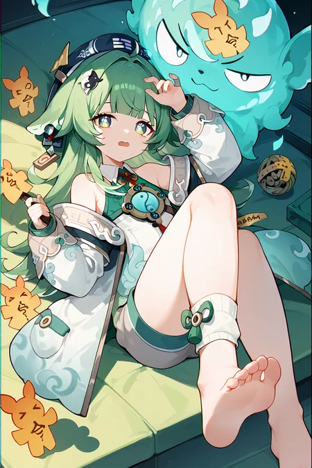 (score_9,score_8_up,score_7_up),<lora:HuoHuo(Honkai Star Rail)-v1-000008:1>,HuoHuo(Honkai: Star Rail),1girl,chromatic aberration,green eyes,barefoot,solo,green hair,long hair,animal ears,bangs,long sleeves,arm up,open mouth,jacket,off shoulder,feet,holding,box,looking at viewer,shorts,bare shoulders,white jacket,shirt,socks,toes,sleeveless,on back,open clothes,open jacket,full body,blunt bangs,indoors,lying,good feet,bare legs,
anime,NSFW,expressive,amazing quality,ultra hd 32k,