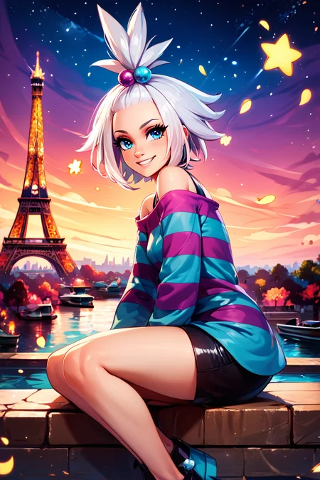 score_9, score_8_up, score_8, medium breasts, (curvy), cute, eyelashes, BREAK, , zzRoxie, blue eyes, white hair, hair bobbles, topknot, striped dress, <lora:Roxie_Pokemon_PDXL_Citron:0.8>, , BREAK, zzEiffelTower in background, sitting, watercraft, boat, sitting on wall, side view, looking at viewer, smile, BREAK, blooming stars, luminescent petals, otherworldly fragrance blurry background, embedding:zPDXL, Expressiveh, <lora:EiffelTowerPDXL:0.8>, <lora:CatalystStylePDXL:0.6>, <lora:SDXLFaeTastic2400:0.5>, <lora:Expressive_H-000001:0.4>,