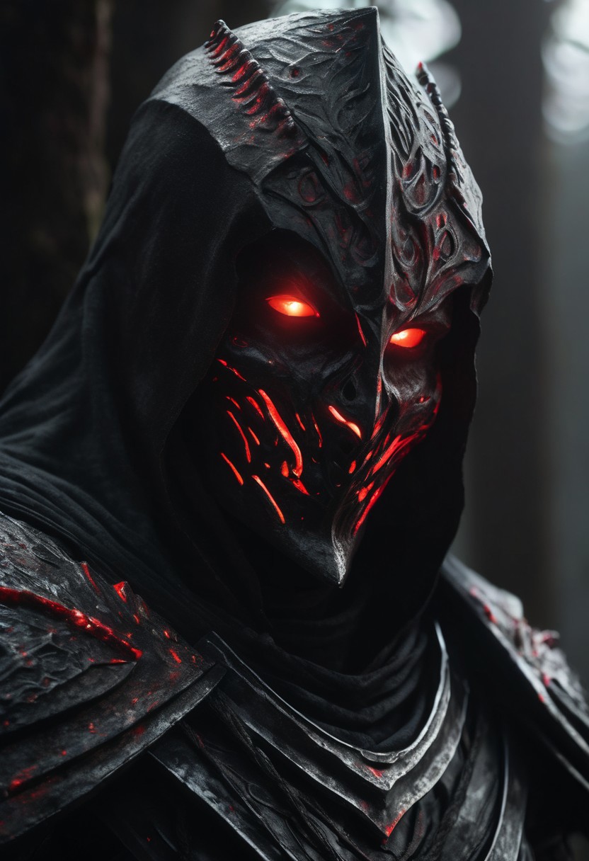 tomb, black armor, White shroud hide head, empty eye sockets, gloom, grimdark, stunning visually, premium effects. red glowing eyes, all colors, sword, portrait,
cinematic still, detail, high detail, best quality, ultra realistic, 8k,