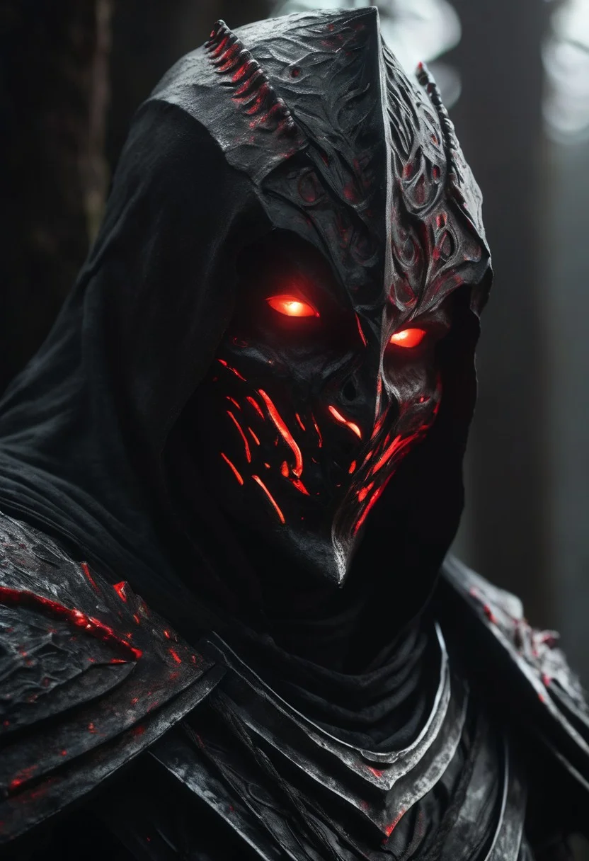 tomb, black armor, White shroud hide head, empty eye sockets, gloom, grimdark, stunning visually, premium effects. red glowing eyes, all colors, sword, portrait,
cinematic still, detail, high detail, best quality, ultra realistic, 8k,
