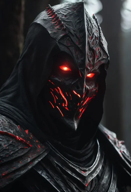 tomb, black armor, White shroud hide head, empty eye sockets, gloom, grimdark, stunning visually, premium effects. red glowing eyes, all colors, sword, portrait,
cinematic still, detail, high detail, best quality, ultra realistic, 8k,