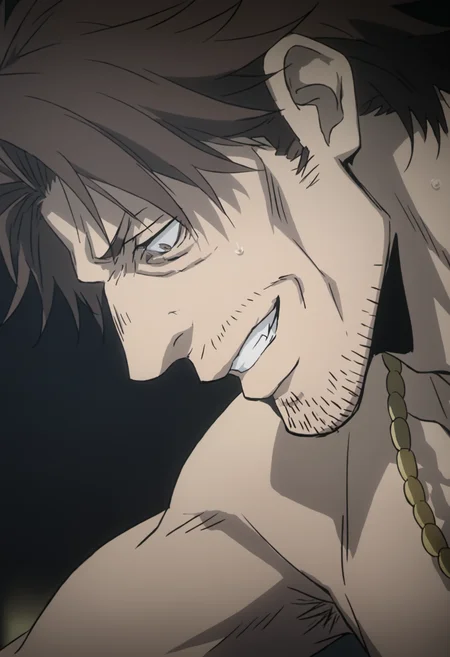 1boy, solo_focus, barryabott_gangsta, score_7_up, manly, score_6_up, score_8_up, score_9, detailed eyes, 8k uhd, high quality, luxury bed room, night ,brown hair, brown eyes, golden chain necklace, stubble, standing, sweating, evil_grin, close up, topless,looking down, arms, side view, armpit hair