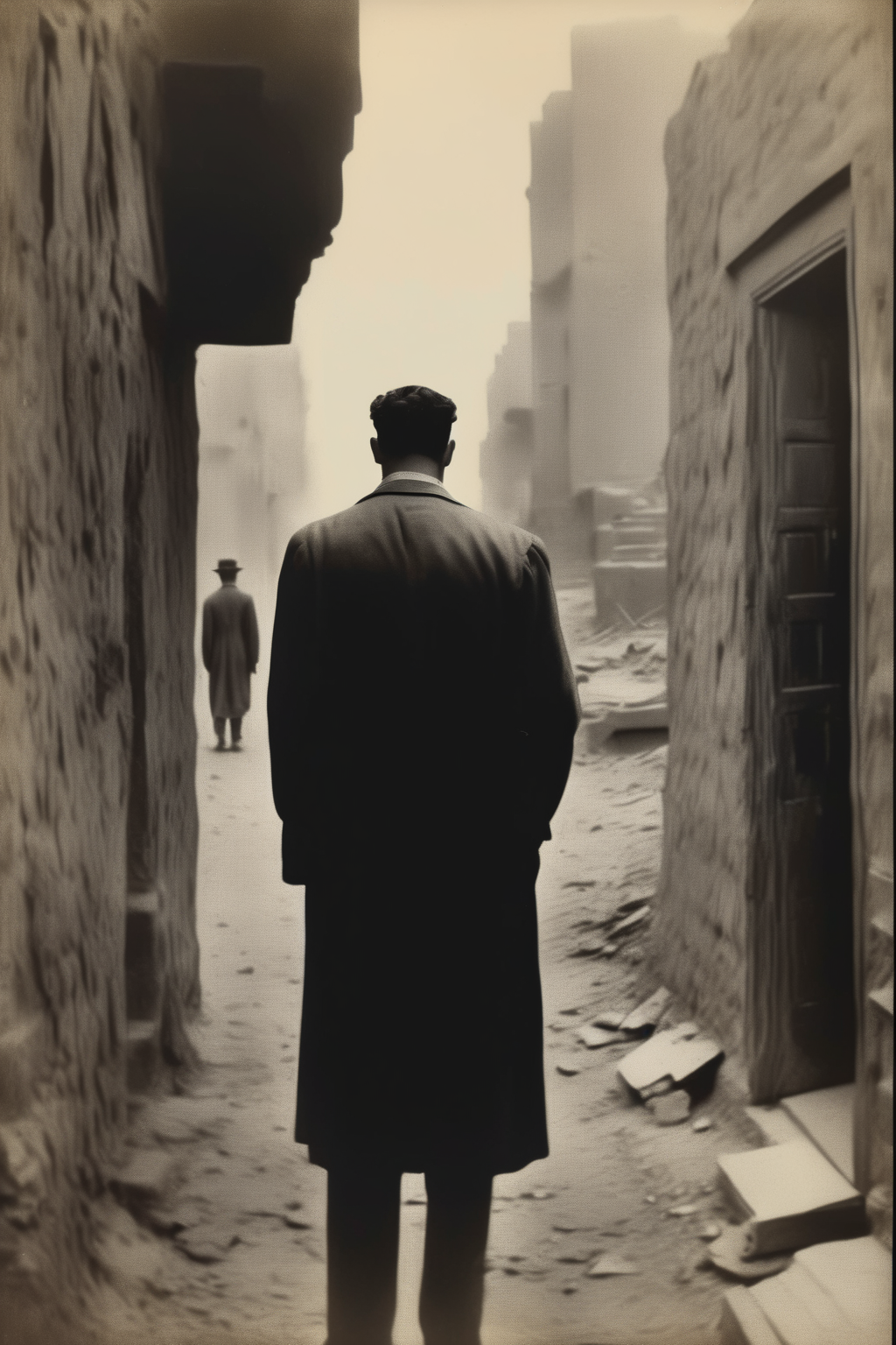 <lora:Ando Fuchs Style:1>Ando Fuchs Style - Generate an image of a man in his thirties, with a strong build, seen from behind, looking shocked as he discovers the truth about a woman in his local neighborhood in 1924 Egypt. The revelation seems to have shaken him.