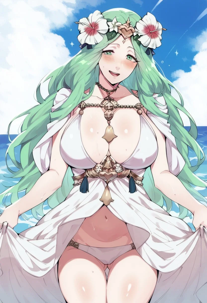 score_9, score_8_up, score_7_up, <lora:dannex009:1>, uncensored, 1girl, Rhea, green hair, long hair, hair flower, hair ornament, white bikini, swimsuit, large breasts, beach