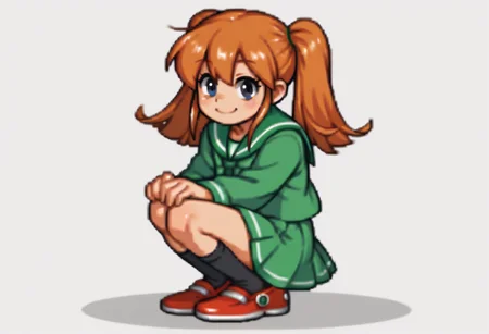 score_9, score_8_up, score_7_up BREAK RollMvC, 1girl, curly light brown hair, pigtails, gray eyes, full body, green serafuku, green sailor uniform dress, white knee-high socks, brown mary jane shoes, smile, looking at viewer, solo, solo focus, japanese school setting, japanese school background,
