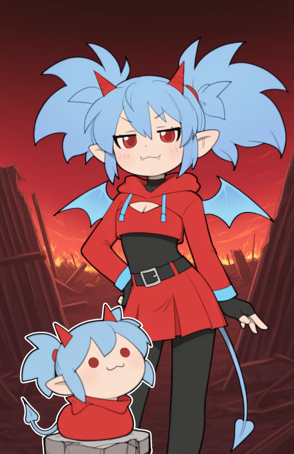 1girl, ruins, hell, cloud, red sky, dark sky, fiery sky, fire, cowboy shot, <lora:Nullantwins:0.8> zhuu, red eyes, blue hair, red horns, demon tail, blue tail, demon wings, blue wings, twintails, big hair, pointy ears, red hoodie, cropped hoodie, long sleeves, black bodysuit, fur-trimmed hoodie, blue trim, black gloves, fingerless gloves, cleavage cutout, red skirt, midriff, black belt, belt buckle, blue drawstring, contrapposto, light smile, blush, looking at viewer, smug, :3, fangs out, <lora:TemmieChang_v5:0.9> tmchng,
tmchng, loaf, :3, solid circle eyes, zhuu, red eyes, blue hair, red horns, demon tail, blue tail, demon wings, blue wings, twintails, big hair, pointy ears, red hoodie, black bodysuit, no humans, extremely detailed, highres, masterpiece, best quality
