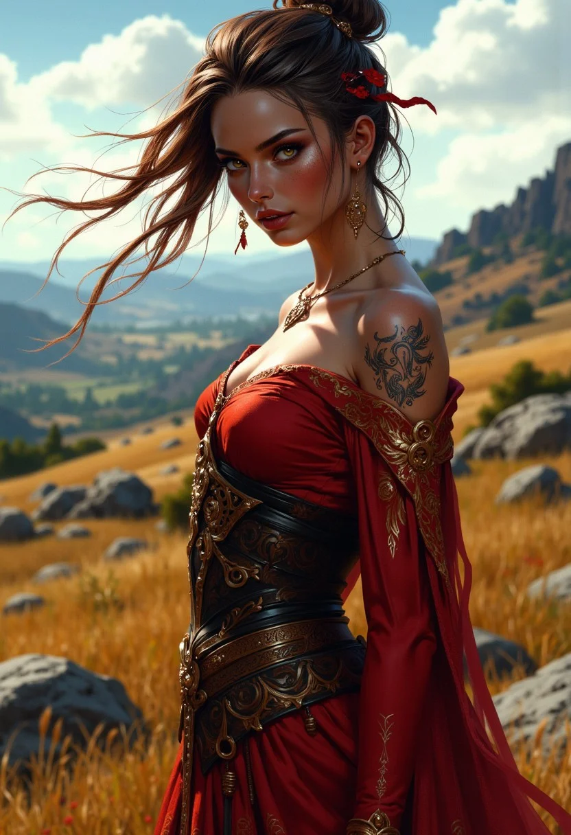 A beautiful girl with wild hair, outdoors.