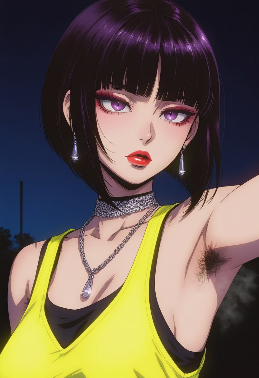 closeup zoomed in portrait of a Japanese goth woman, bangs, straight-cut bob, dark eyehadow, red lips, dangly earrings, choker, necklaces, fluorescent neon yellow sleeveless crop top, armpit hair, steaming armpits, professional photography, directional lighting, outdoors, silhouetted, dark background, chiascuro