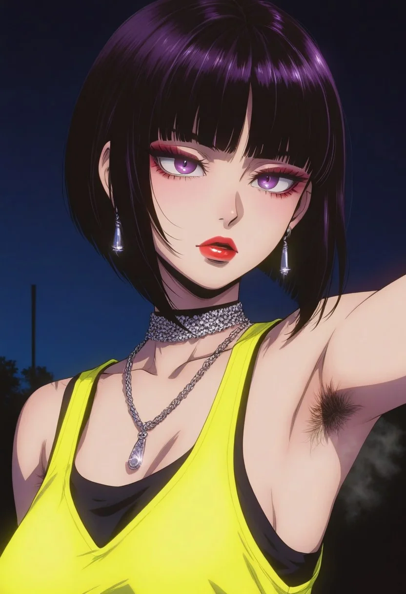 closeup zoomed in portrait of a Japanese goth woman, bangs, straight-cut bob, dark eyehadow, red lips, dangly earrings, choker, necklaces, fluorescent neon yellow sleeveless crop top, armpit hair, steaming armpits, professional photography, directional lighting, outdoors, silhouetted, dark background, chiascuro
