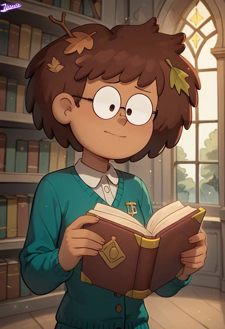 score_9, score_8, score_7, score_6,
Jhiacco, solo, anneboonchuy, brown hair, dark-skinned female, leaf hair ornament, short hair
Character Description: A young woman with glasses and a curious expression, surrounded by books.
Outfit: A vintage dress with lace details and a cardigan, carrying a stack of ancient tomes.
Action: She is reading an open book, with glowing symbols floating around her.
Background: A grand library filled with towering shelves and magical artifacts.
Composition Details: Soft, warm lighting creates an inviting atmosphere, with a medium shot to capture her expression and the floating symbols.