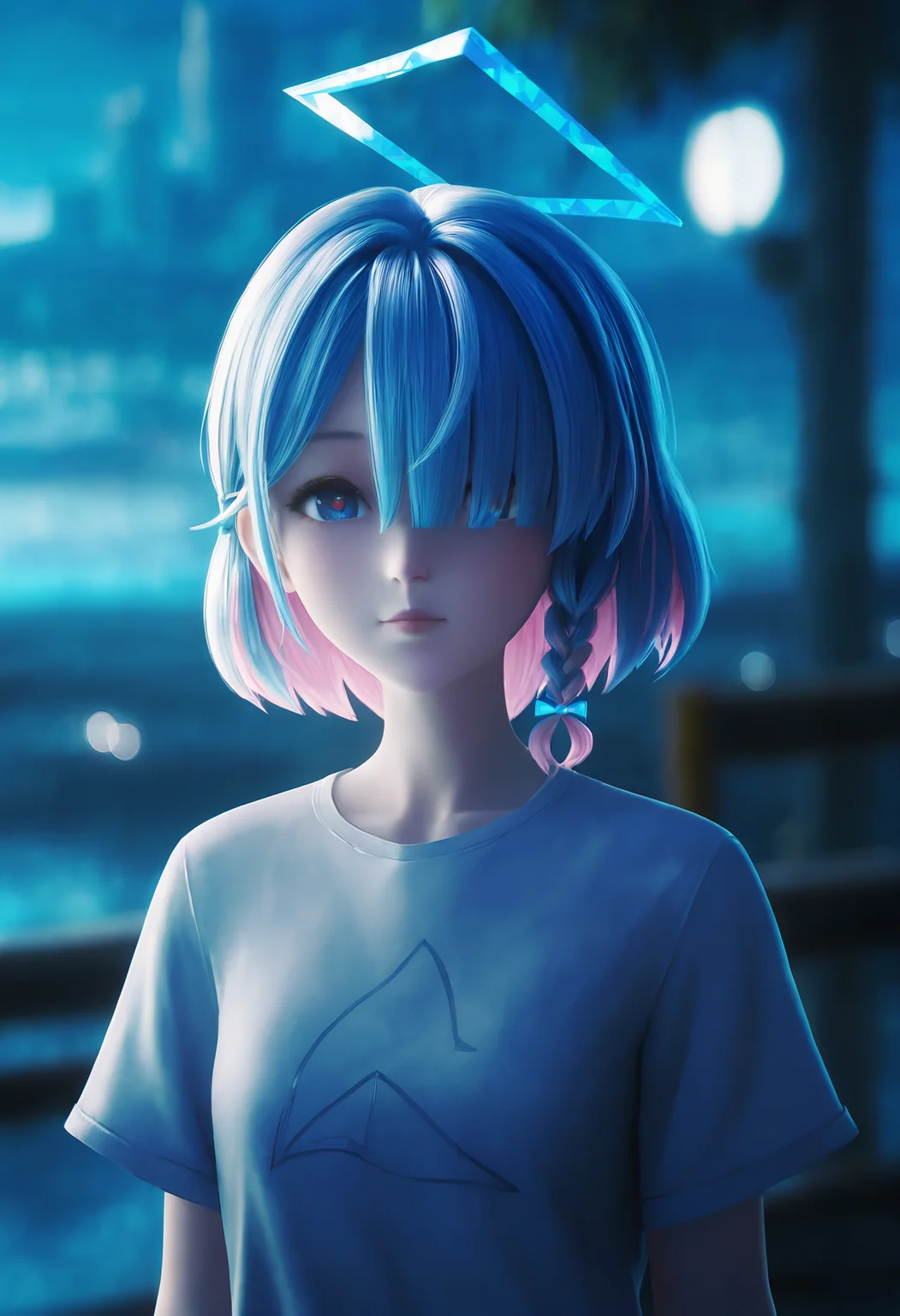 moonlight,
arona (blue archive), 1girl, blue eyes, shirt, blue hair, halo, white shirt, multicolored hair, looking at viewer, solo, hair over one eye, pink hair, braid, blue halo, closed mouth, upper body, colored inner hair, short sleeves, blurry background, blurry, t-shirt, alternate costume, two-tone hair, outdoors, short hair, single braid, depth of field, shadow, cinematic lighting, wangzhe rongyao, <lora:wangzhe_rongyao_v1:0.9>