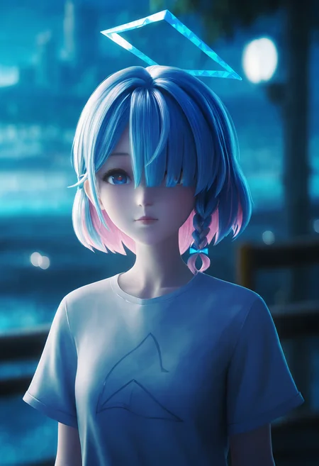 moonlight,
arona (blue archive), 1girl, blue eyes, shirt, blue hair, halo, white shirt, multicolored hair, looking at viewer, solo, hair over one eye, pink hair, braid, blue halo, closed mouth, upper body, colored inner hair, short sleeves, blurry background, blurry, t-shirt, alternate costume, two-tone hair, outdoors, short hair, single braid, depth of field, shadow, cinematic lighting, wangzhe rongyao, <lora:wangzhe_rongyao_v1:0.9>