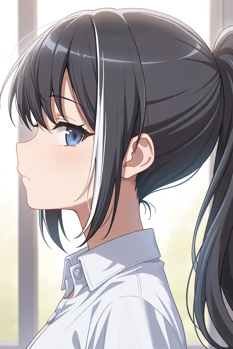 masterpiece, best quality, amazing quality,
 <lora:Kuina_IL:1> kuina, 1girl, solo, blue eyes, black hair, multicolored hair, streaked hair, ponytail, long hair, looking at viewer, closed mouth, white hair, profile, shirt, bangs, collared shirt, portrait