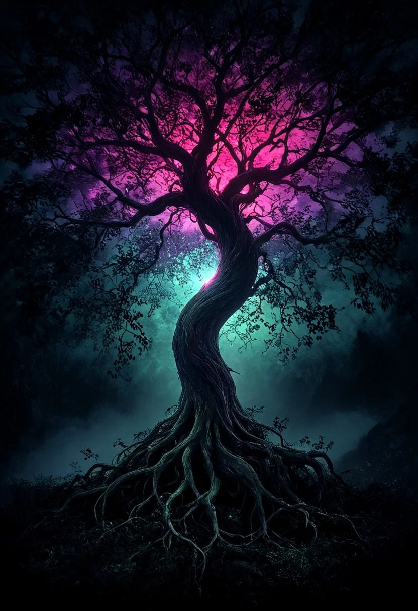 A glowing tree in darkness. This is a digital artwork featuring a stylized, surrealist representation of a tree with its roots. The trunk and branches of the tree are a deep, rich purple, fading to a lighter pink towards the top where the branches are most prominent. The roots of the tree are embedded beneath the trunk, with the roots extending outwards and downwards. Soft glowing shades of red, pink and purple with hints of blue and green take center stage, creating a cosmic, mist-like effect. The background is a deep dark blue, almost black. The tree can be seen far away in the darkness. The natural is combined with the supernatural in this image. glowing, midjourneyv6.1,masterpiece, award winning