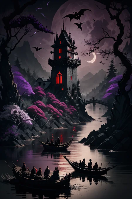 <lora:Calligraphy-ink-style-darquelilly-v1:1> calligraphyinkstyle, A medival vampire castle on a tower, surrounded by black and red roses that cover the entire landscape below the castle,mysterious magical atmosphere, volumetric lighting, night time, moonlight reflects in the water, black background, bats fly to the moon, everything is shrouded in violet mist, detail colour is purple, very dark lightning, <lora:dAIversity-LoRAtest-Photoreal-SD15-01:0.7>