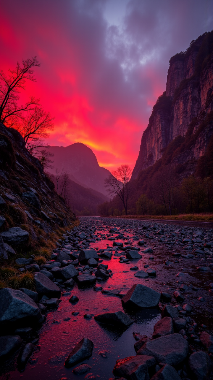 RAW photo, A Mystifying scene depicts a [Meandering|Surreal] moment in time, where the memory of happiness is alive and vibrant. The Rubble are muted, with shades of electric color and Red dominating the background. Canon eos 5d mark 4, Depth of mountains 100mm, aidmaImageupgrader, aidmahyperrealism, aidmaabdhr