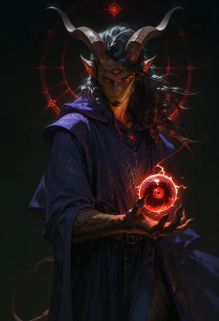 <lora:ILLMythP0rtr4itStyle:1> mythp0rt,
man, (satyr), simple background, dark background, red eyes, mage, oracle, violet robes, religous outfit, brown skin, horns, brown fur, solo, subtle, mature, standing up straight, calm face, black hair, long hair, closed mouth, cowboy shot, warlock, pagan, masterpiece, best quality, amazing quality, intricate detail, highly detailed, absurdres,
