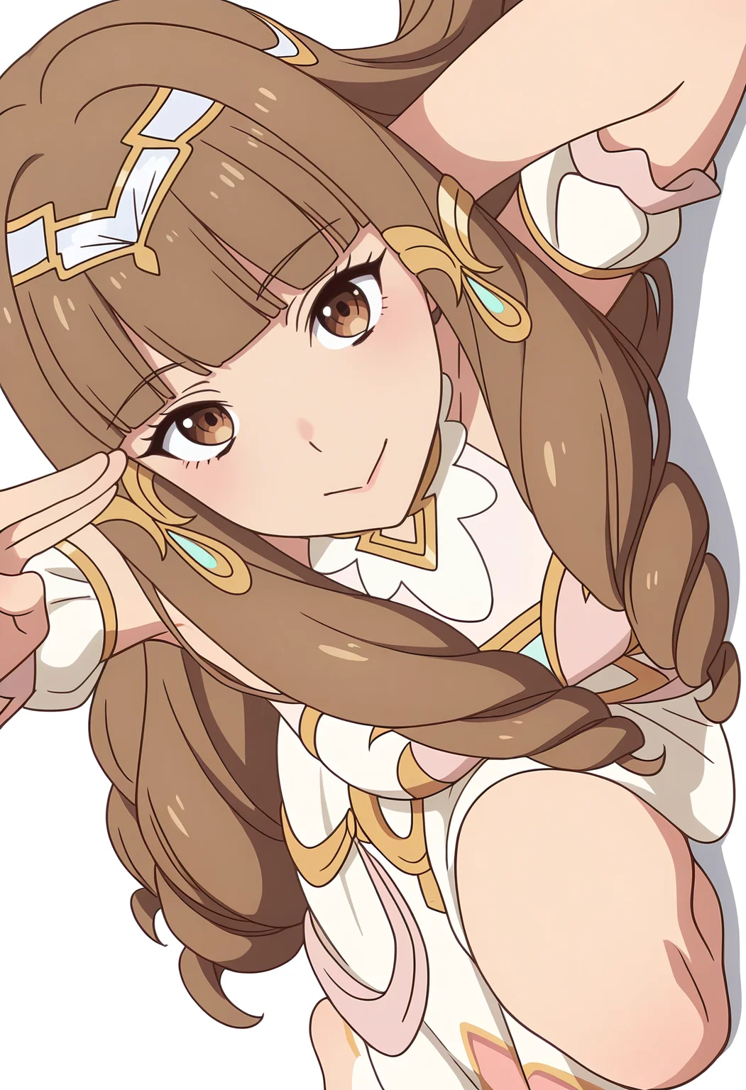 Smooth Quality,masterpiece,very intricate, high quality details, ultra realistic, high detailed skin,detailed enviorement,
white background, simple background, 
sideways,:>=,two-finger salute,lying down, hands behind head, one knee bent, relaxed expression, casual vibe,  ,
 <lora:Klyrode_Elizabeth_Cinabrio:0.8> klyrodeelizabeth/cnn, 1girl,brown hair, long hair,brown eyes, blunt bangs, very long hair,
drill hair, princessdress/cnn, tiara,jewelry,hair ornament,