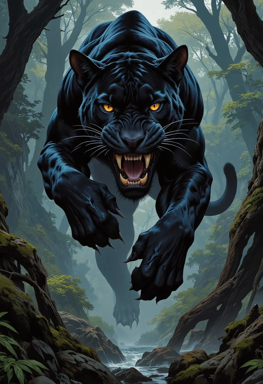 boris vallejo style, frank frazetta style, 8k high quality digital painting, masterpiece, very detailed, ultra realistic, (best quality) very detailed epic masterpiece, detailed face, full body, black panther jump attack towards camera, orange eyes, detailed jaws, jungle, best quality, epic scene, Dungeons and dragons atmosphere, heroic fantasy, realistic, realism, full body