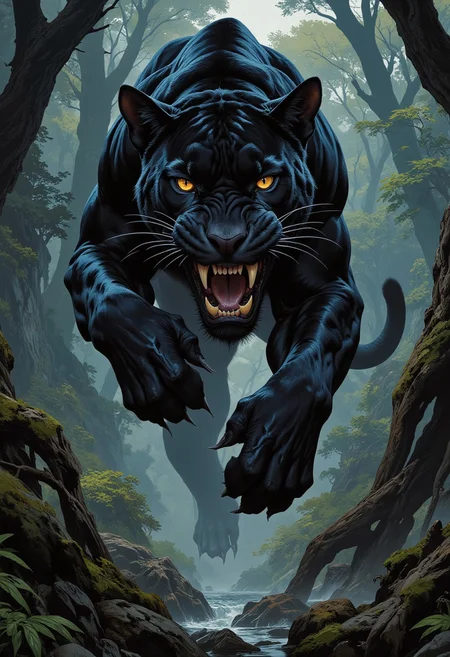 boris vallejo style, frank frazetta style, 8k high quality digital painting, masterpiece, very detailed, ultra realistic, (best quality) very detailed epic masterpiece, detailed face, full body, black panther jump attack towards camera, orange eyes, detailed jaws, jungle, best quality, epic scene, Dungeons and dragons atmosphere, heroic fantasy, realistic, realism, full body